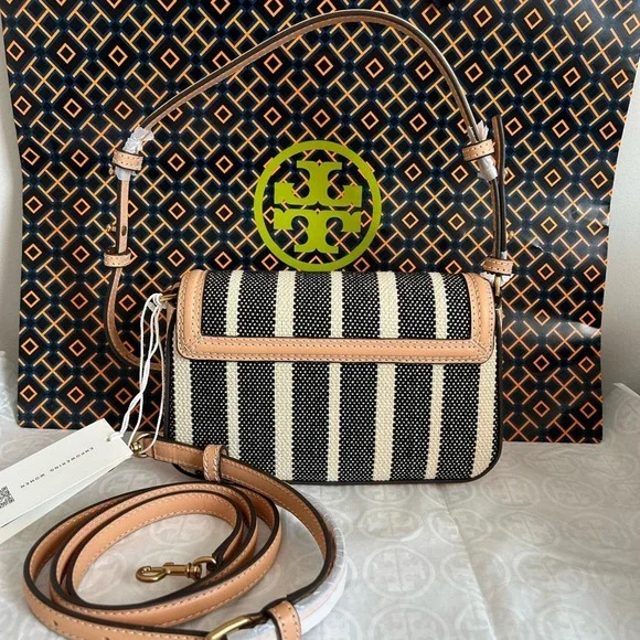 Tory Burch Felix Striped Canvas Mini Flap Shoulder Bag Crossbody Canvas Black - Picture 10 of 11
